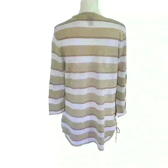 Chicos Lightweight Pullover V neck Sweater Size M Tan White Stripes Hip Ties - Picture 2 of 11